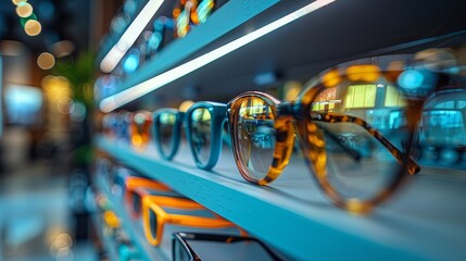 A display of eyeglasses with a blue background