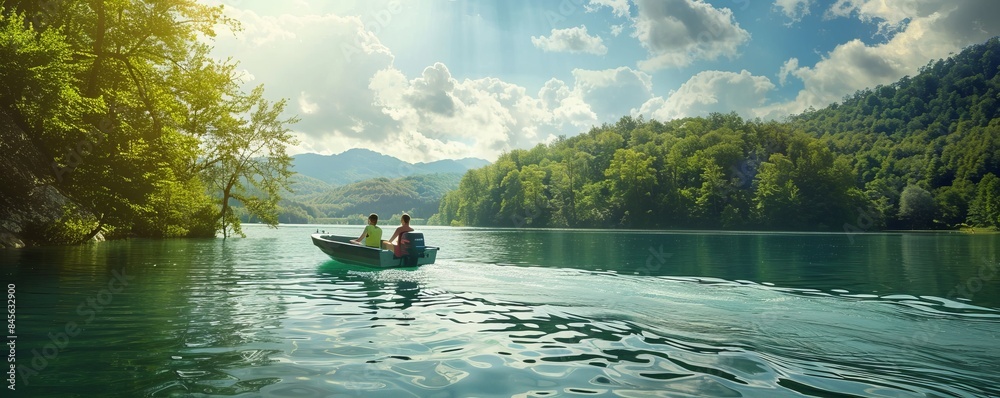 Canvas Prints Family enjoying a boat ride on a lake for National Boating Day, serene water and lush surroundings, 4K hyperrealistic photo.