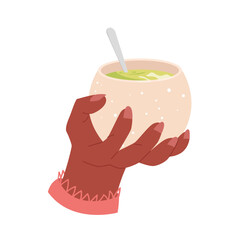 Hand with hot matcha green tea. Cup of warm beverage, tea break cartoon vector illustration