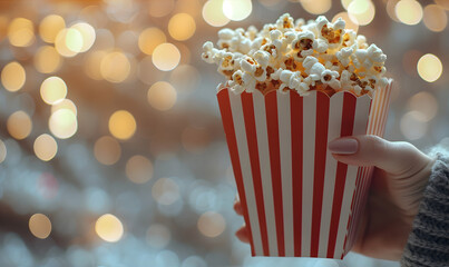 Cinema and popcorn.  Movie snack in the stripped box. Film premiere. Woman's hand holding popcorn box. Christmas background for family holidays.