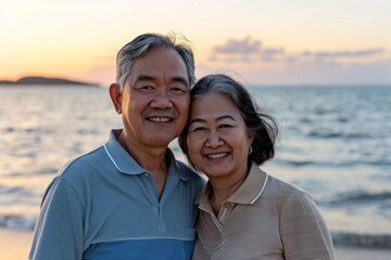 Obraz premium Portrait of a glad asian couple in their 60s wearing a sporty polo shirt in front of serene seaside background
