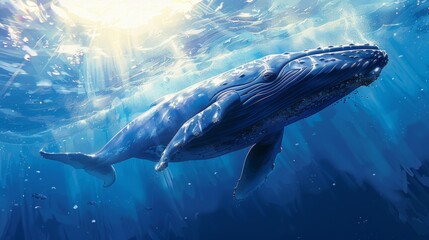Fototapeta premium Majestic Blue Whale Swimming in Sunlit Ocean Depths. A breathtaking depiction of a giant blue whale gliding gracefully through deep blue ocean waters, illuminated by rays of sunlight from above.