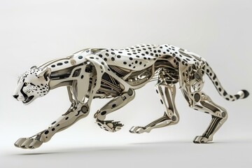 A robotic cat is walking on a white background