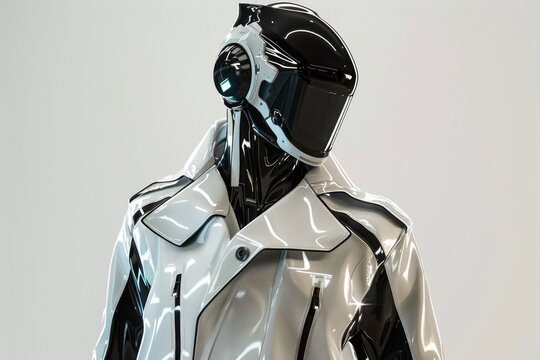 A man in a white and black suit with a helmet on his head