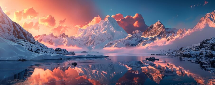 Snow-covered peaks reflecting the vibrant colors of a sunrise, 4K hyperrealistic photo