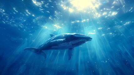 Majestic Blue Whale Swimming in Sunlit Ocean Depths. A breathtaking depiction of a giant blue whale gliding gracefully through deep blue ocean waters, illuminated by rays of sunlight from above.
