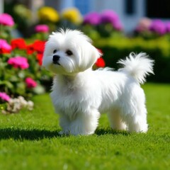 The Maltese lapdog lives in a bright garden - an image focused on the user's intelligence