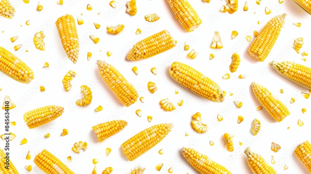 Wall mural Corn Kernels and Cobs on White Background - Generative AI