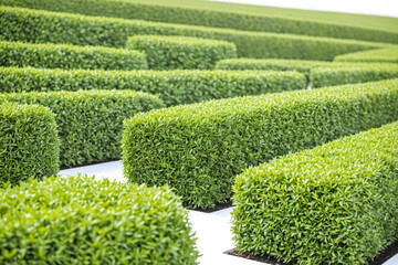 Green hedge maze with white pathways