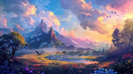 whimsical fantasy world with magical creatures and serene landscape digital painting