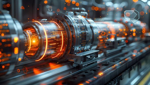 Algorithmic Precision, Precision machinery surrounded by data patterns and algorithms, 