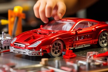 A child plays with a red toy car.