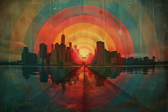 Fototapeta lConcentric circles in colorful, overlayed to form an optical illusion over building skyline including The Bridge and skycrapers, dark grey background