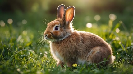 Fototapeta premium A brown rabbit is sitting in the grass