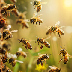 Flying honey bees gathering pollen on meadow