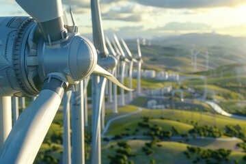 Fototapeta premium Wind power plant and technology. Smart grid. Renewable energy. Sustainable resources.