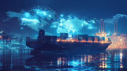 Obraz premium Futuristic Cargo Ship at Night Port with Digital Map Overlay, Illuminated Cranes, and Reflections on Water