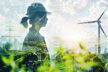 Double exposure of business people and renewable energy workers.