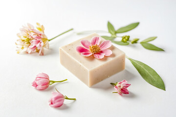 Natural Soap Bar with Pink Flowers and Green Leaves