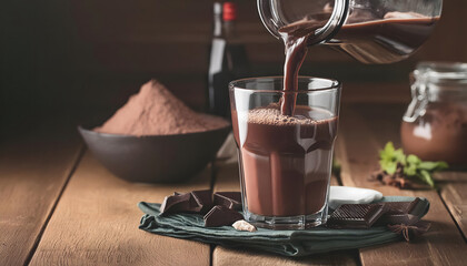 Fototapeta premium A glass of chocolate milk is poured into a glass