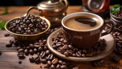 Fototapeta premium A cup of coffee is sitting on a plate of coffee beans