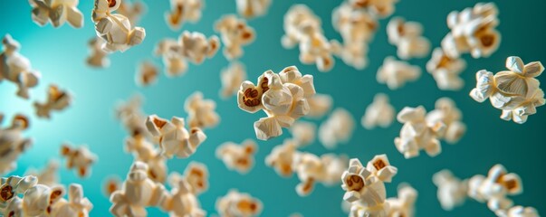 Close-up of many popcorn kernels floating against turquoise background, cinematic food concept