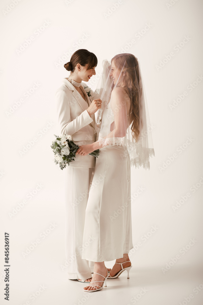 Wall mural two young women in white attire stand together during their wedding ceremony.