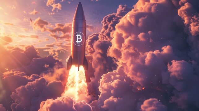 Rocket with bitcoin symbol launching through clouds, futuristic financial concept