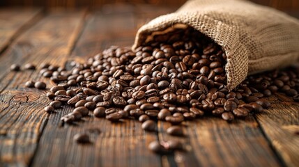 A rustic presentation of freshly roasted coffee beans spilling from an open burlap bag onto a wooden surface, evoking a sense of freshness and quality in coffee brewing.