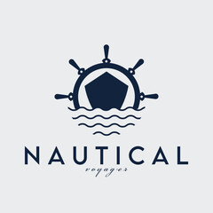 ship front view steering wheel and wave logo vector illustration design
