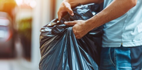 Low section of a young man carrying garbage bags