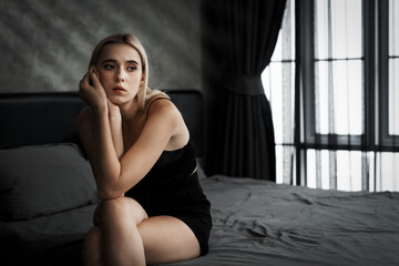 Young woman with critical depression and anxiety disorder from loneliness, mental sickness, or...