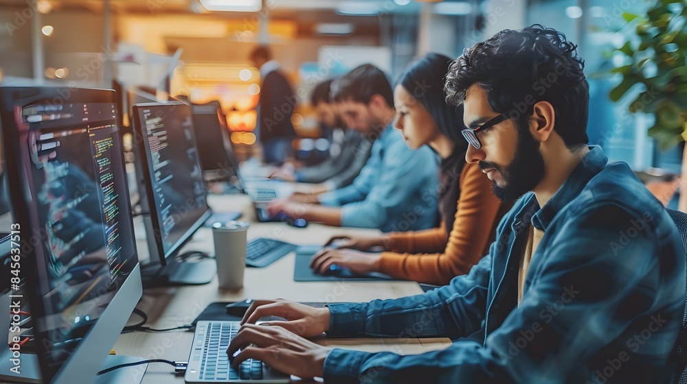 Poster focused team of developers coding together in high tech office environment