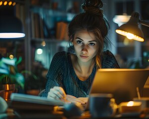 Fototapeta premium Hardworking Businesswoman Burning the Midnight Oil in Quiet Office