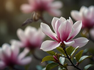 Blurred background with selective photo of blooming magnolia flowers