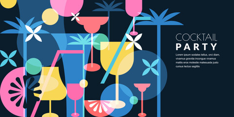 Night beach cocktails party horizontal banner, poster template. Tropical bar vector color block illustration. Abstract geometric flat background. Alcohol cocktail menu design elements