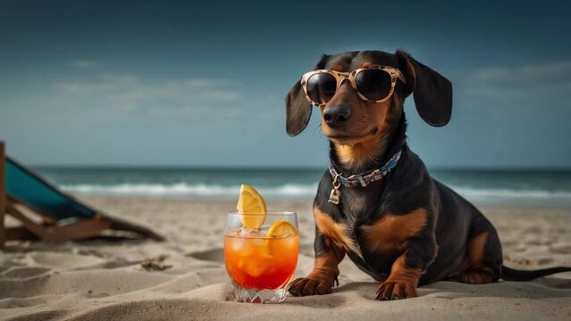 Dachshund dog in sunglasses with cocktail on beach by sea - Powered by Adobe