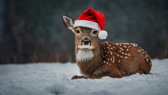 Deer in Santa Claus hat in snowy forest