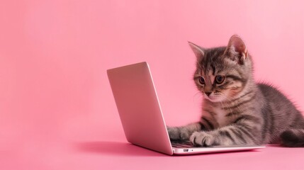 Tabby Kitten Using Laptop On Pink Background