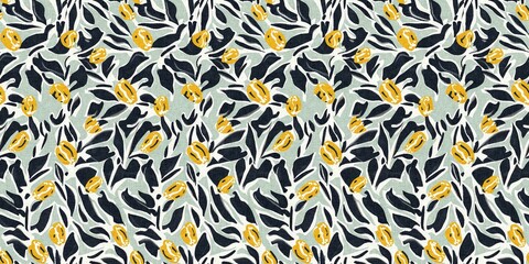 Modern printed fabric flower block print pattern with linen texture effect. Stylized boho dark floral for chic fashion background motif border design.