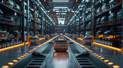 Obraz premium Step into the future of retail with this captivating image of a futuristic technology warehouse, where AI generative processes revolutionize efficiency