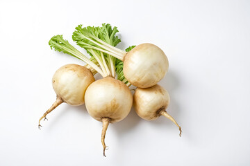 Fresh Turnips with Green Tops on White Background
