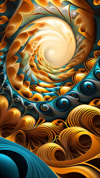 Abstract 3D Spiral With Blue And Gold Dynamic Tunnel Waves