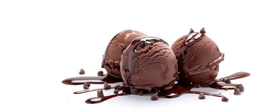 Closeup of delicious food dessert chocolate ice cream scoops with souce of chocolate