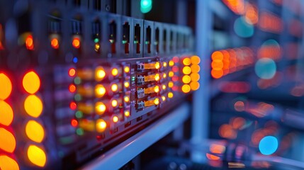 Row of network servers with glowing LED lights
