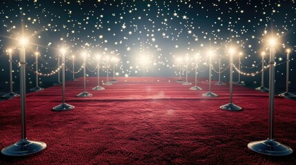 a red carpet adorned with silver starry flashlights leading to the entrance of an event hall.