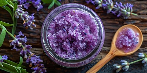 Top view of a jar of lavender bath salt with fresh lavender flowers, offering a natural and aromatic spa experience.