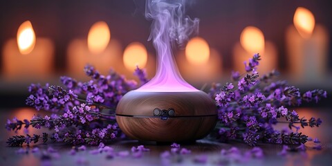 An aromatherapy diffuser with lavender essential oil and candles in the background, creating a relaxing and inviting atmosphere.