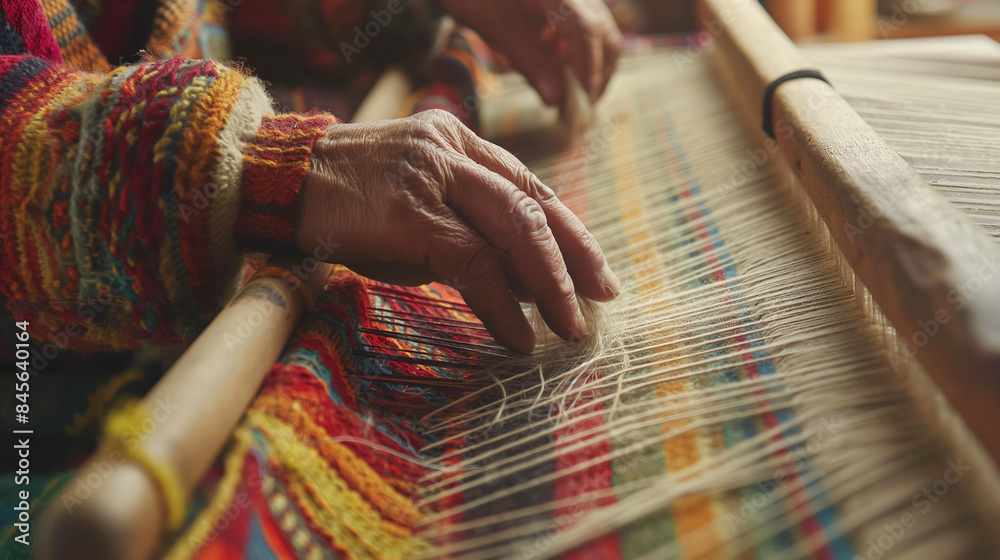 Wall mural Elderly Hands Weaving Colorful Fabric on Loom

 - Wall murals