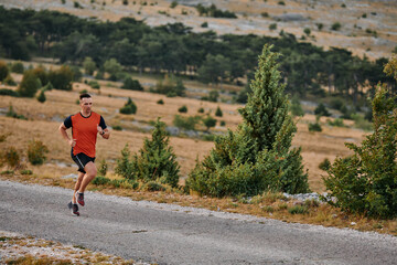 Obraz premium Determined Athlete Running Through Rugged Mountain Terrain at Sunrise.